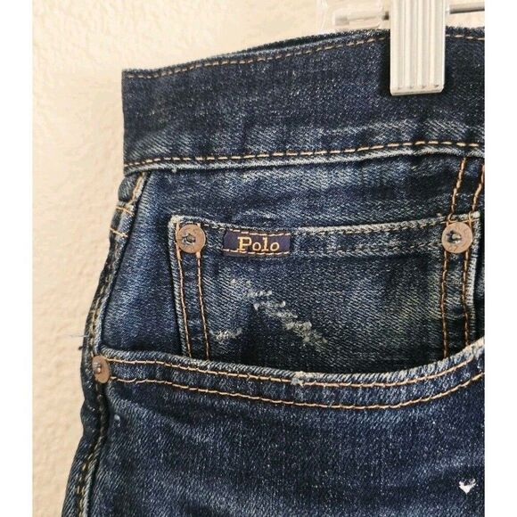 New-Polo Ralph Lauren Mens Sullivan Slim Paint Distressed Blue Denim Jeans 42x32 - Picture 4 of 11